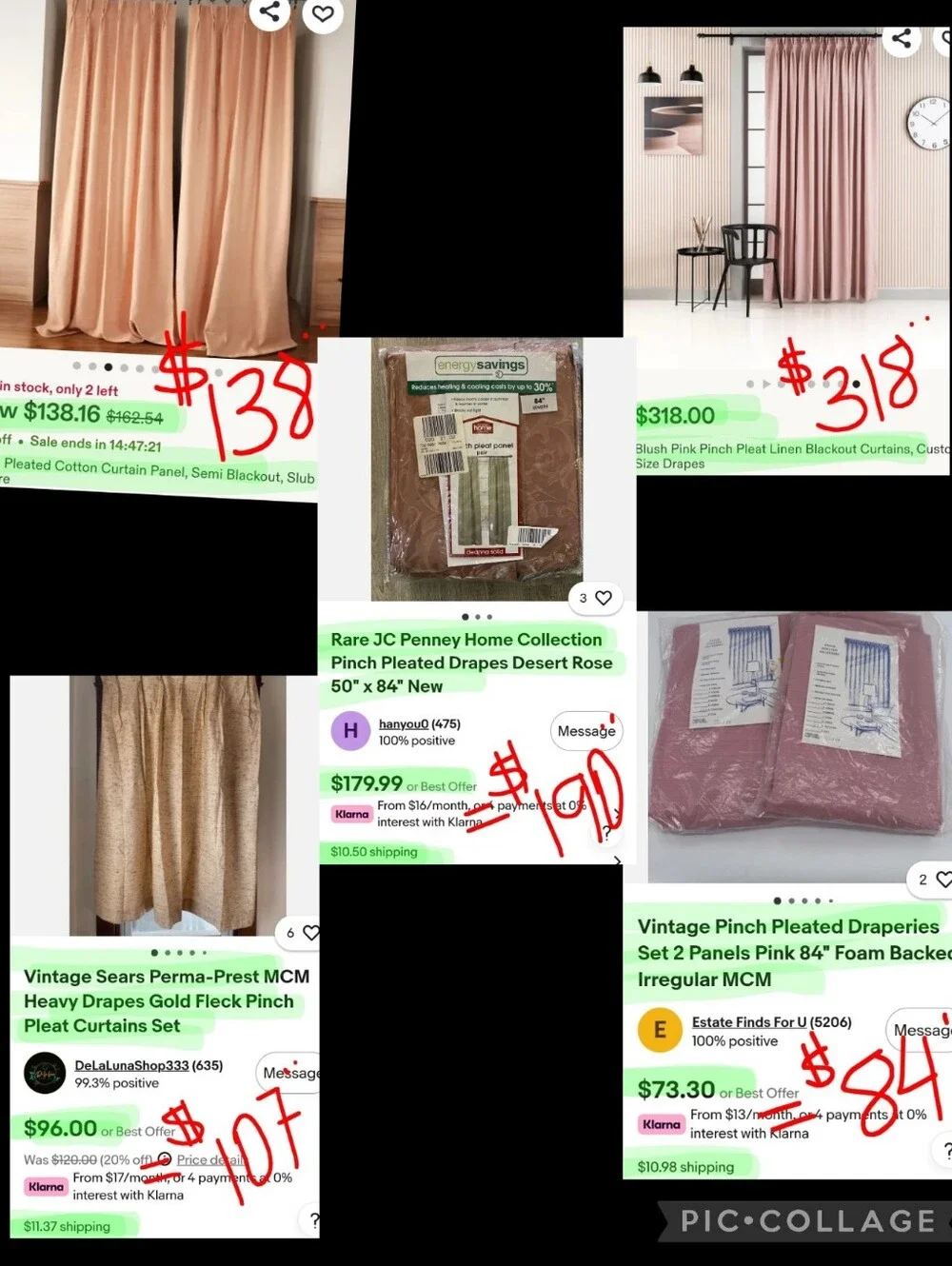 Mid Century Custom Triple Pinch Pleated Draperies - Light Pink - 2 Panels
